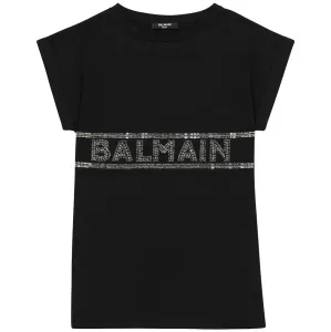 Balmain Girls Crystal Embellished Logo T-shirt Dress Black 14Y