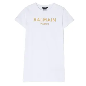 Balmain Girls Embroidered Gold Logo Dress White 10Y