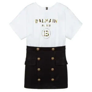 Balmain Girls Gold Foil Logo Dress White - 12Y WHITE/BLACK