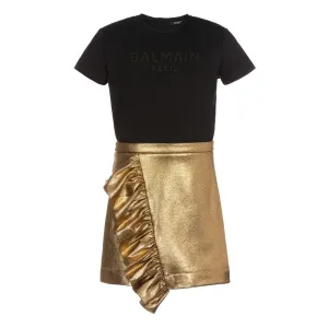 Balmain Girls Ruffle Dress Black & Gold 14Y