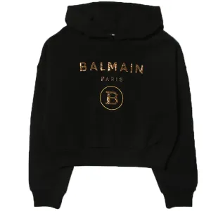 Balmain Girls Cropped Sequin Logo Hoodie Black 10Y