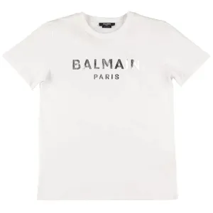 Balmain Boys Silver Tone Logo T-shirt White 10Y