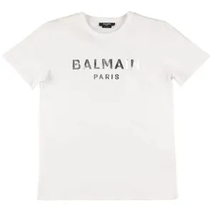 Balmain Boys Silver Tone Logo T-shirt White 4Y
