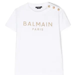 Balmain Girls Decorative Gold Logo Print T-shirt White 8Y