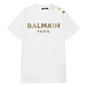 Balmain Unisex Golden Logo T-shirt White 8Y
