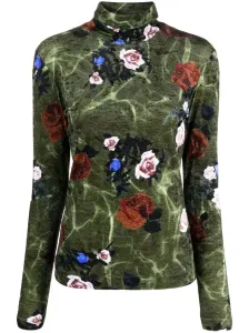 DRIES VAN NOTEN - Rose Print Velvet Turtleneck Sweater