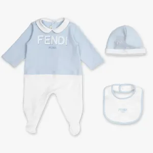 Fendi Baby Boys Babygrow, Hat & Bib Set Blue 3M