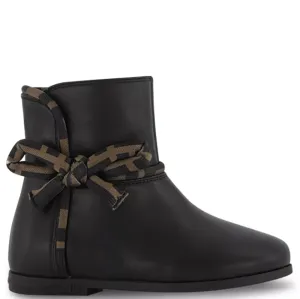 Fendi Girls FF Logo Leather Bow Boots Black Eu30