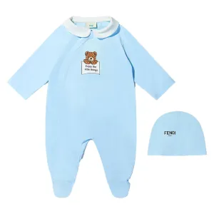 Fendi Baby Boys Bear Logo Babygrow And Hat Set Blue 1M