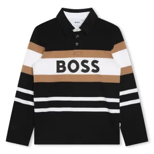 Boss Boys Striped Long Sleeve Polo in Black 06A 100% Cotton - Trimming: Lining: