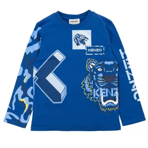 Kenzo Boys K And Tiger Logo T-shirt Blue 2A