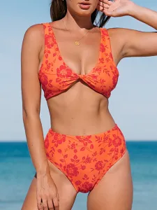 LW Floral Printed Twisted Orange Bikini Set #805903