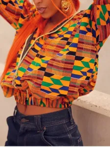 LW Hooded Collar Geometric Afro Print Jacket #1245283