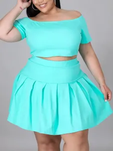 LW BASICS Plus Size Casual Off The Shoulder Flounce Design Acid Blue Two-piece Skirt Set XXL