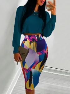 LW BASICS Plus Size Crop Top Mixed Print Skirt Set 4X