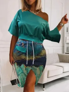 LW BASICS Plus Size Mixed Print Drawstring Slit Skirt Set XXL