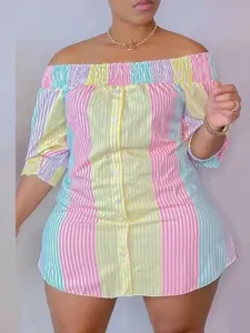 LW BASICS Plus Size Off The Shoulder Shirred Striped Dress 5X