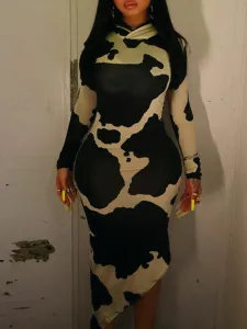 LW Hooded Collar Cow Print Bodycon Dress #1224078