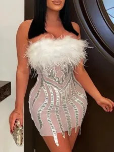 LW Off The Shoulder Sequined See Through Bodycon Dress