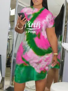 LW Pink Letter Print Tie-dye Dress #771004