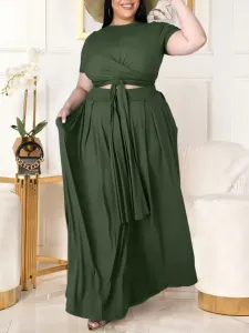 LW Plus Size Boho Bandage Fold Design Green Two-piece Skirt Set 1X