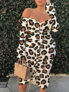 LW Plus Size Casual Off The Shoulder Leopard Print Mid Calf Dress XXXL