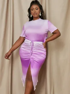 LW Plus Size Casual Tie-dye Drawstring Slit Purple Two-piece Skirt Set 2X