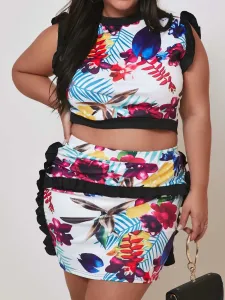 LW Plus Size Crop Top Floral Print Ruffle Design Skirt Set 3X
