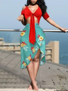 LW Plus Size Floral Print Bandage Design Wrapped Skirt Set 1X