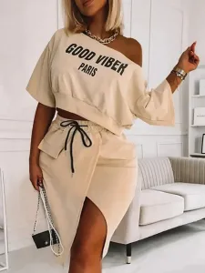 LW Plus Size Good Viber One Shoulder Letter Print High Split Skirt Set 1X