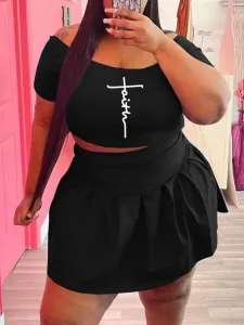LW Plus Size Off The Shoulder Faith Print Pleated Skirt Set XXXL
