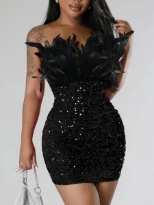 LW Plus Size Off The Shoulder Sequined Feathers Decor Bodycon Dress 1X