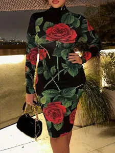LW Plus Size Turtleneck Rose Flower Print Bodycon Dress 1X