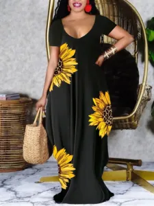 LW Plus Size U Neck Sunflower Print Dress 0X