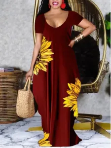 LW Plus Size U Neck Sunflower Print Dress 0X