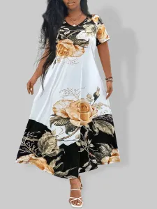 LW Plus Size V Neck Floral Print A Line Dress 3X