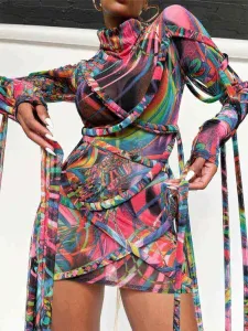 LW Street Tassel Design Mesh Print Patchwork Multicolor Mini Dress #88822