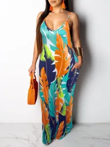 LW Stylish Printed Backless Blue Floor Length Dress #918185