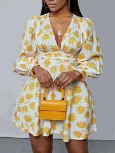 LW Sweet V Neck Floral Print Yellow Mini A Line Dress #87806