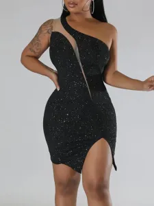 LW SXY One Shoulder Slit Sequined Bodycon Dress #1231099