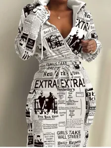 LW SXY Plus Size Newspaper Print Drawstring Side Pocket Bodycon Dress 0X