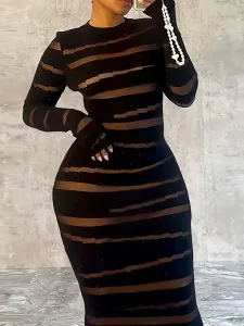 LW SXY Plus Size Round Neck Striped Bodycon Dress 1X