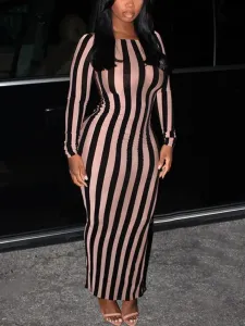 LW SXY Striped Backless Slit Bodycon Dress
