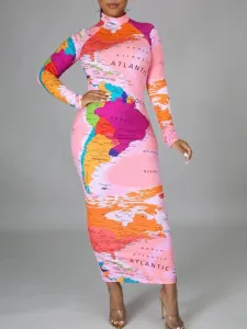 LW World Map Letter Print Patchwork Bodycon Dress