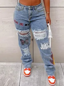 LW Butterfly Letter Print Ripped Jeans (No Stretch) #782015