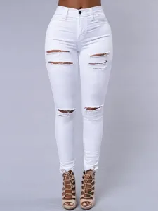 LW High Stretchy Broken Holes White Jeans