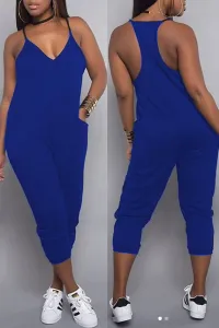 LW BASICS Euramerican Dew Shoulder Pocket Design Blue One-piece Jumpsuit #853520