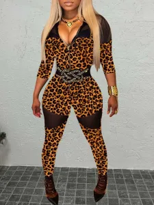 LW Hooded Collar Leopard Print See Through Jumpsuit #1251212