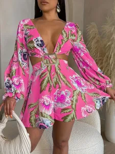 LW Floral Print Metal Ring Decor Cut Out Romper #1342305