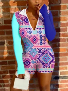 LW Sweet Geometric Print Patchwork Rose One-piece Romper(No-positioning Printing) #88633
